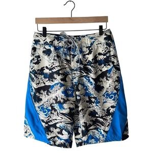 COLUMBIA Men's Size 32 Blue & White Wave Print Tie Front Board Shorts